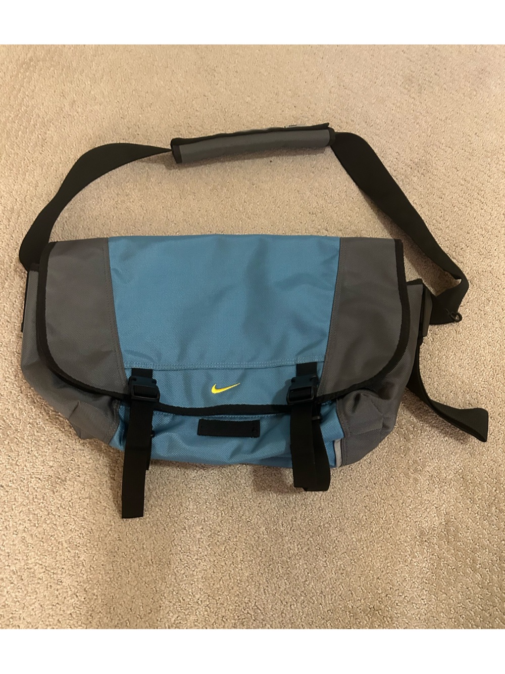 Nike Light Blue and Gray Messenger Bag with Yellow Logo